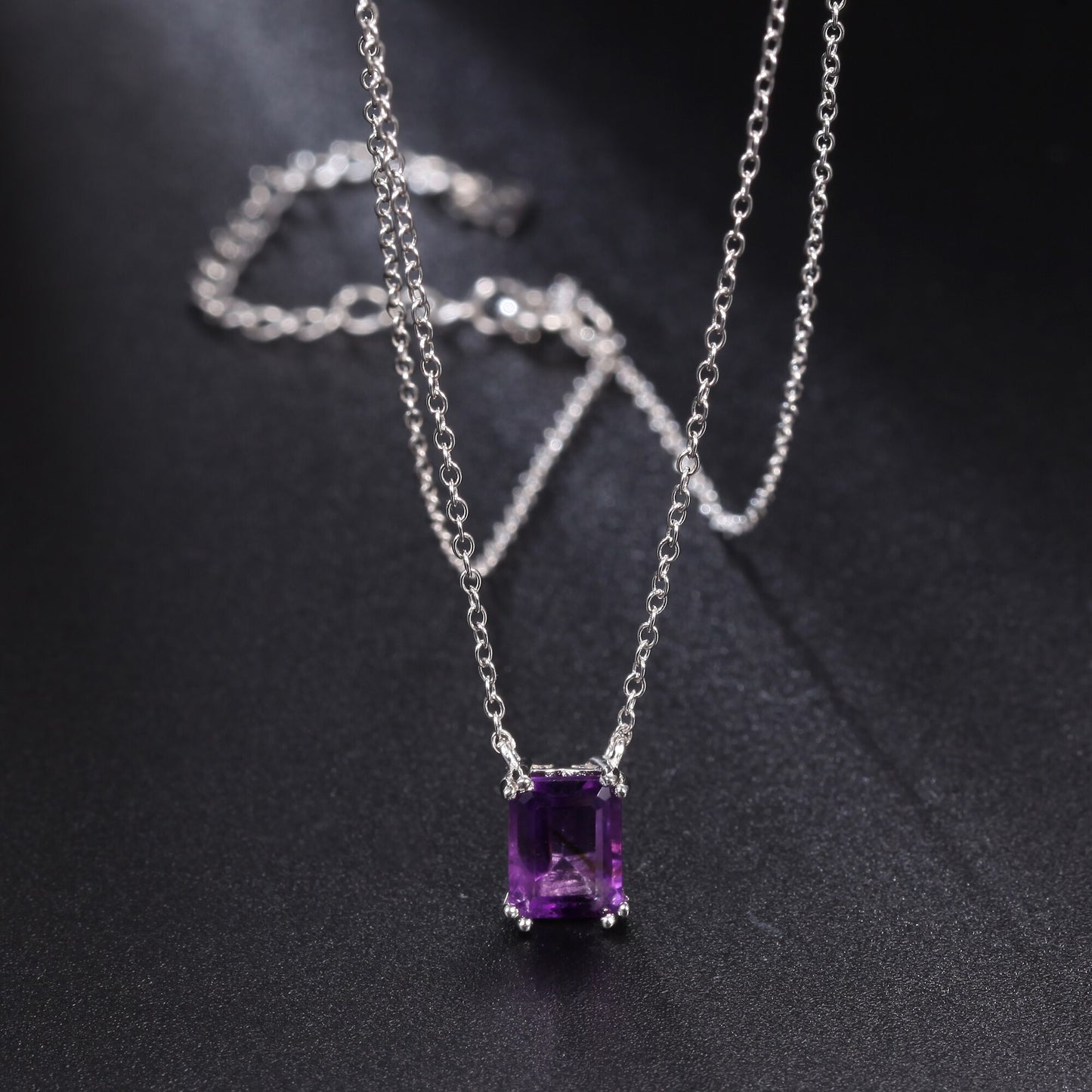 Hanging Natural Square Amethyst 925 Sterling Silver Necklace