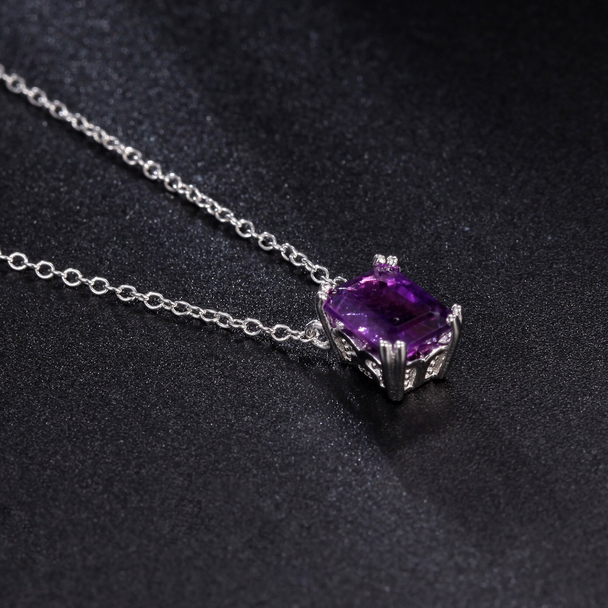 Tope and side view of Natural Square Amethyst 925 Sterling Silver Necklace