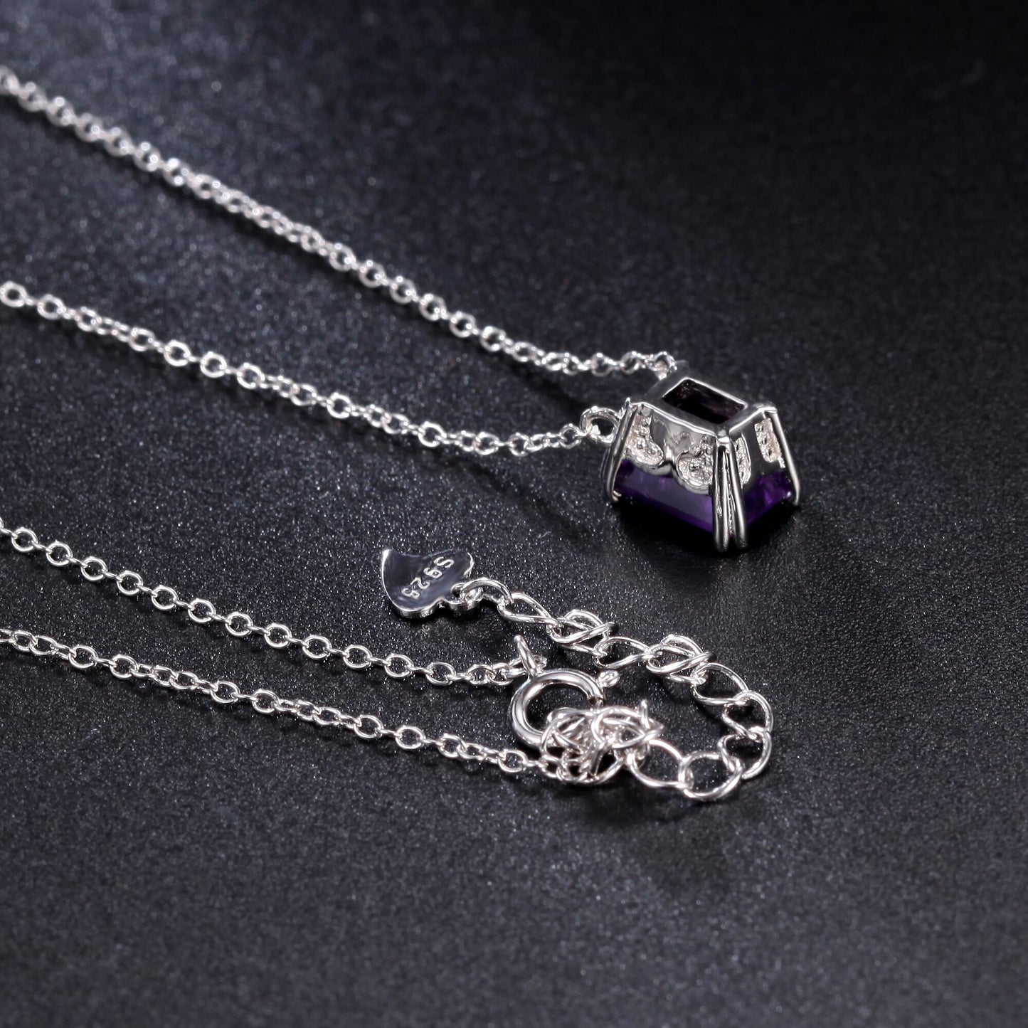 Back view of Natural Square Amethyst 925 Sterling Silver Necklace with extension and heart stamped S925