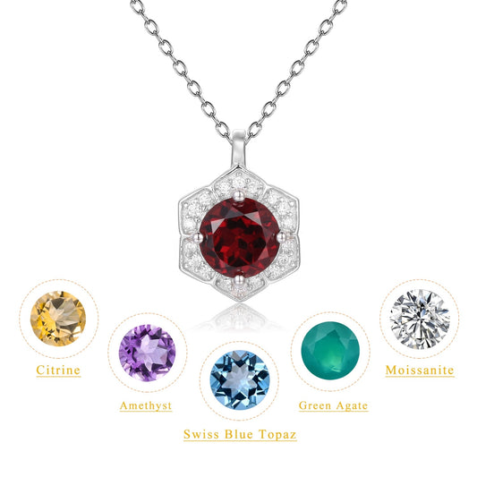 925 Sterling Silver Natural Round Gemstone Necklace showing the different colors available: Garnet, Citrine, Amethyst, Swiss Blue Topaz, Green Agate and Moissanite.  Stone is surrounded by 6 sided flower shape.
